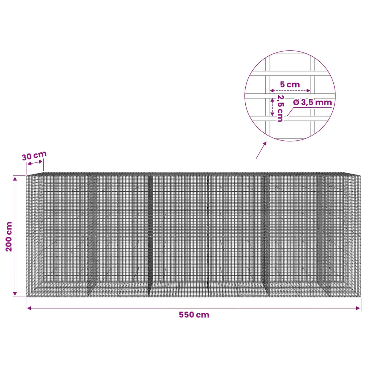Gabion with 3.5 mm Wire and 5x2.5 cm Mesh 550x30x200 cm