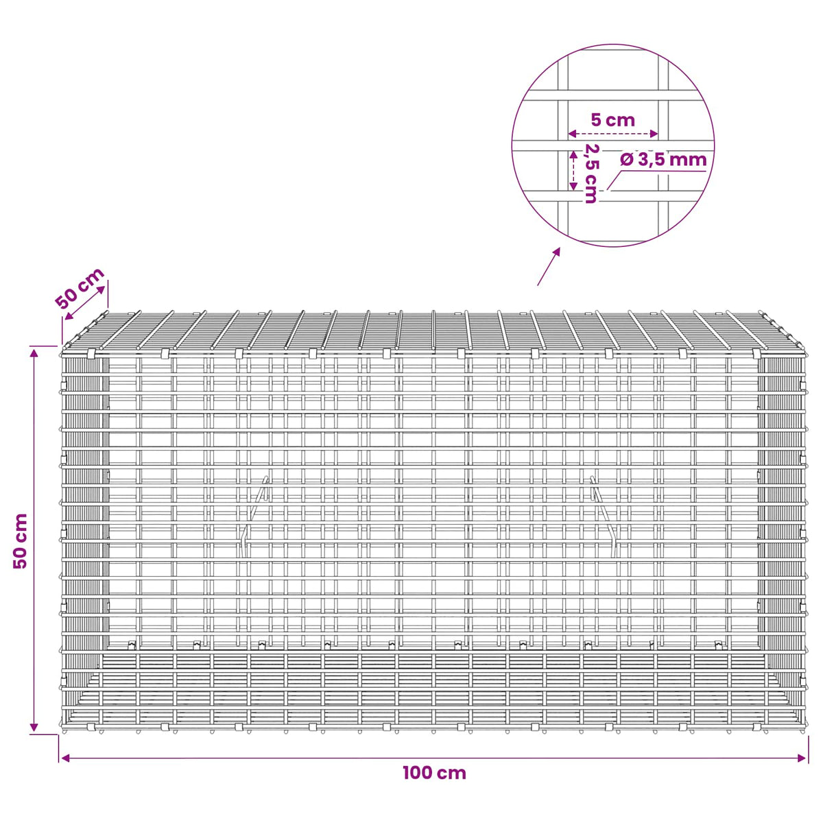 Gabion with 3.5 mm Wire and 5x2.5 cm Mesh 100x50x50 cm