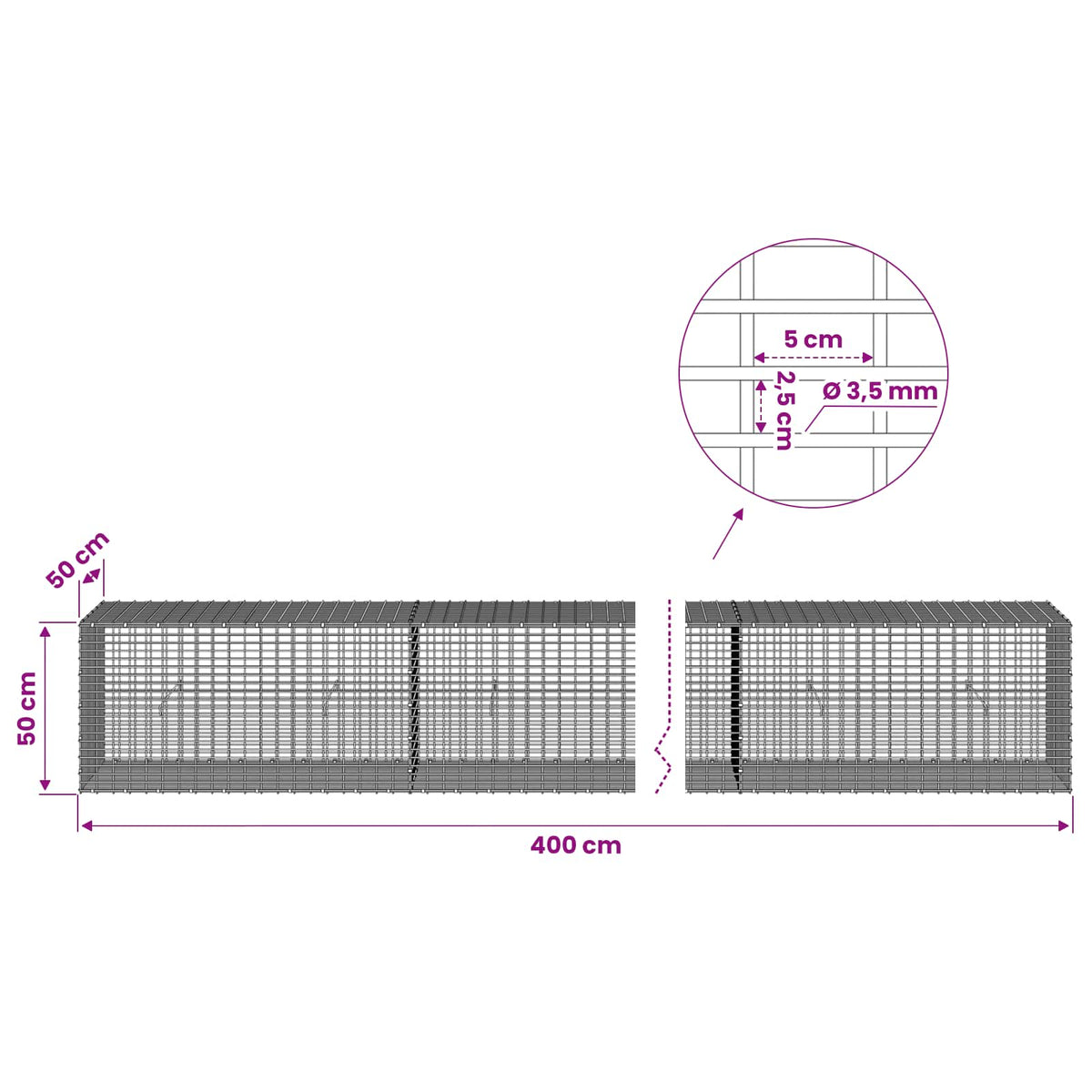 Gabion with 3.5 mm Wire and 5x2.5 cm Mesh 400x50x50 cm