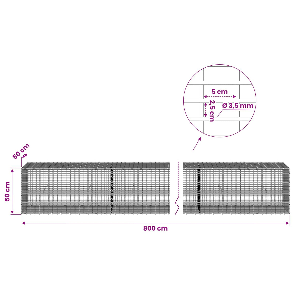 Gabion with 3.5 mm Wire and 5x2.5 cm Mesh 800x50x50 cm