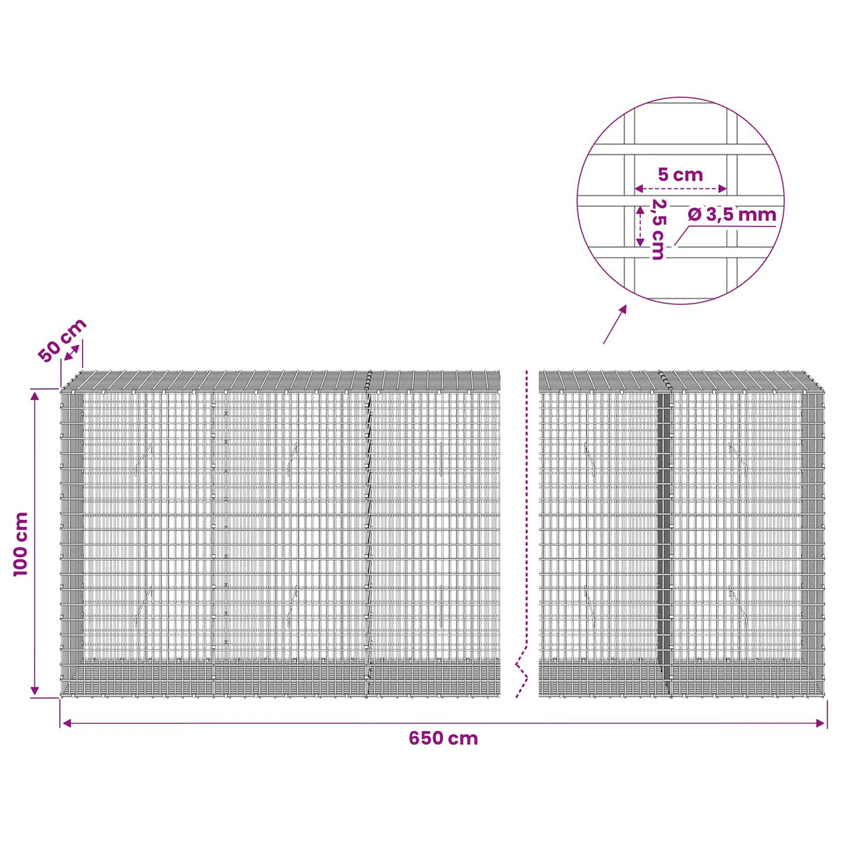 Gabion with 3.5 mm Wire and 5x2.5 cm Mesh 650x50x100 cm