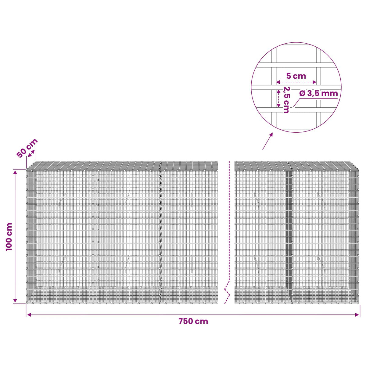 Gabion with 3.5 mm Wire and 5x2.5 cm Mesh 750x50x100 cm