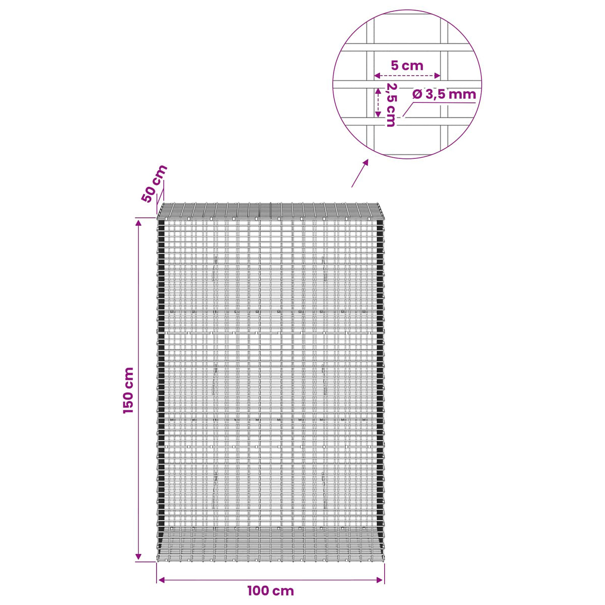 Gabion with 3.5 mm Wire and 5x2.5 cm Mesh 100x50x150 cm