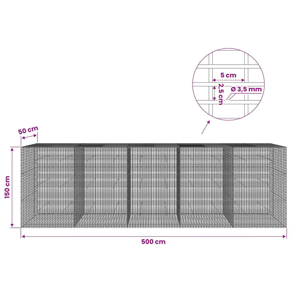 Gabion with 3.5 mm Wire and 5x2.5 cm Mesh 500x50x150 cm