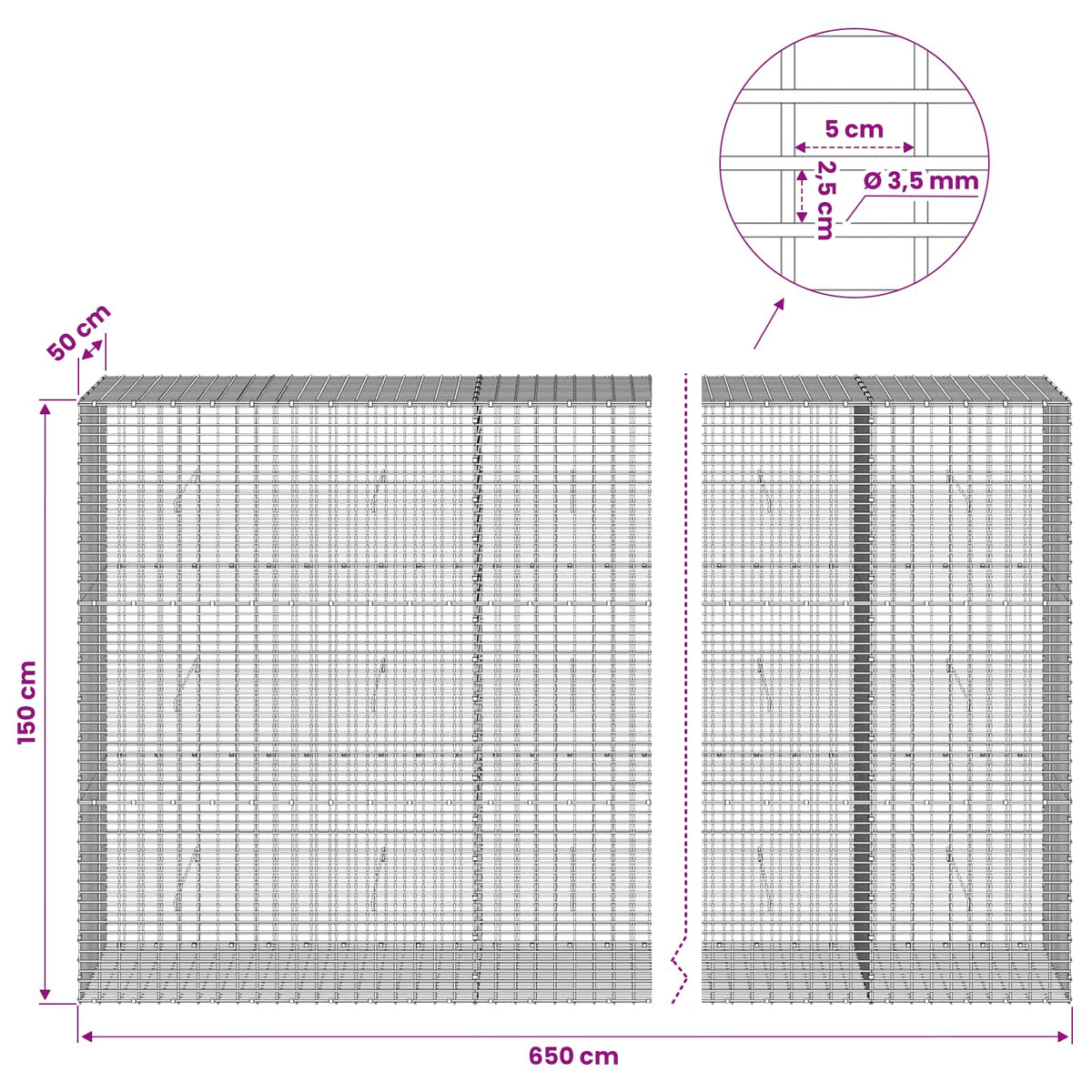 Gabion with 3.5 mm Wire and 5x2.5 cm Mesh 650x50x150 cm
