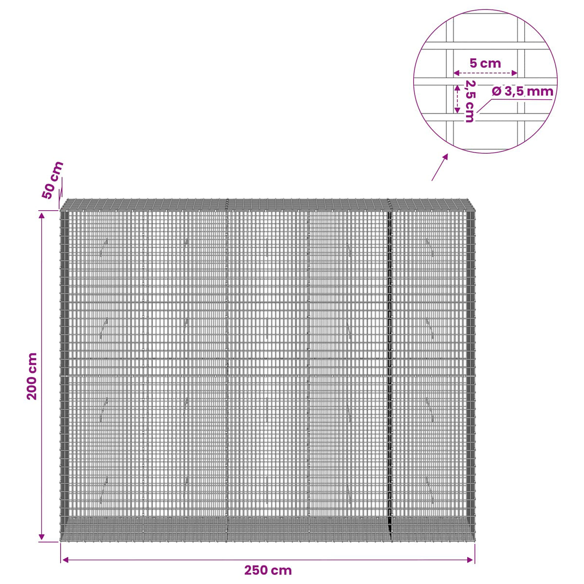 Gabion with 3.5 mm Wire and 5x2.5 cm Mesh 250x50x200 cm