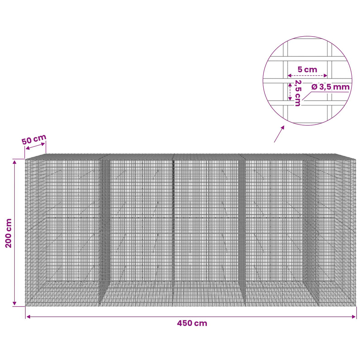 Gabion with 3.5 mm Wire and 5x2.5 cm Mesh 450x50x200 cm