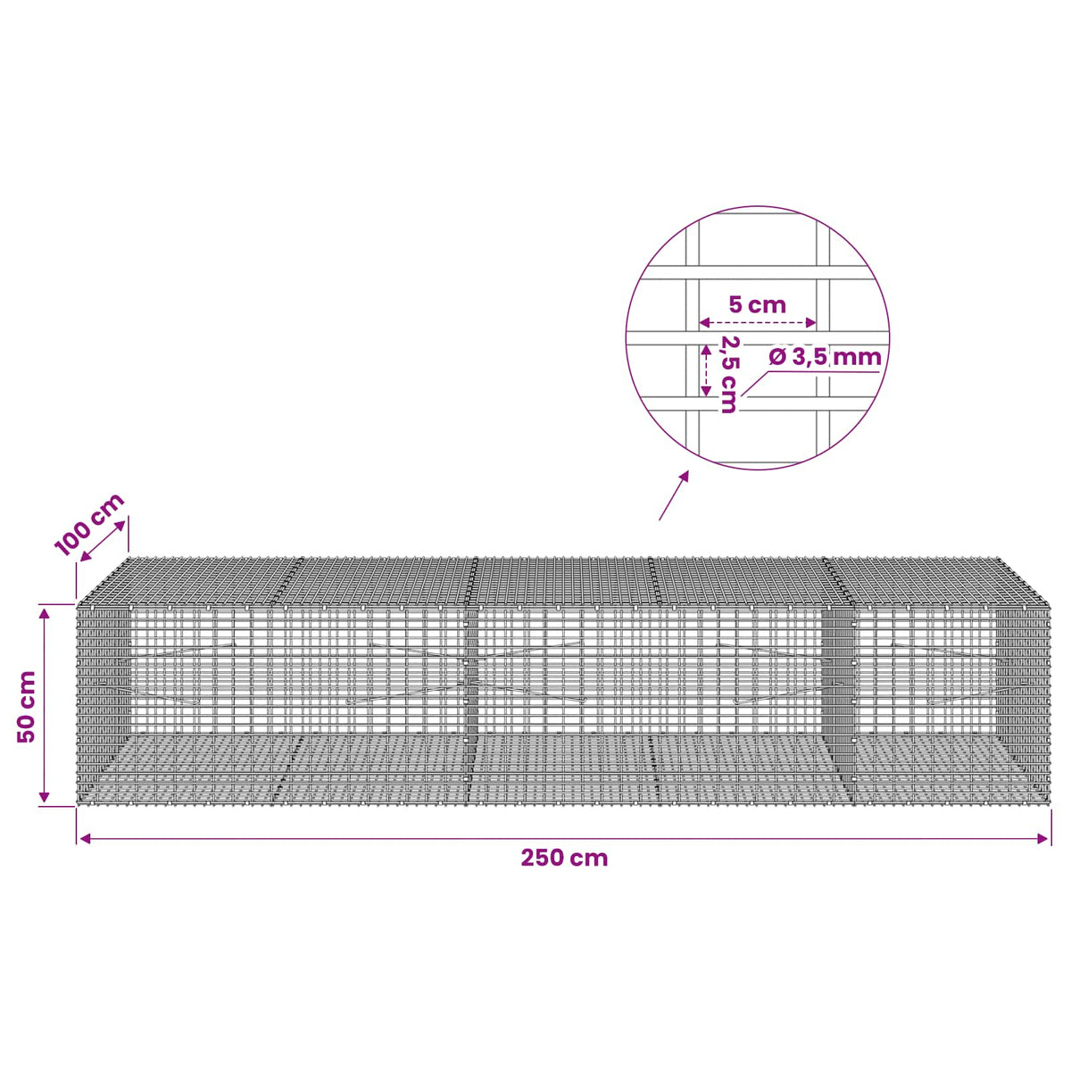 Gabion with 3.5 mm Wire and 5x2.5 cm Mesh 250x100x50 cm