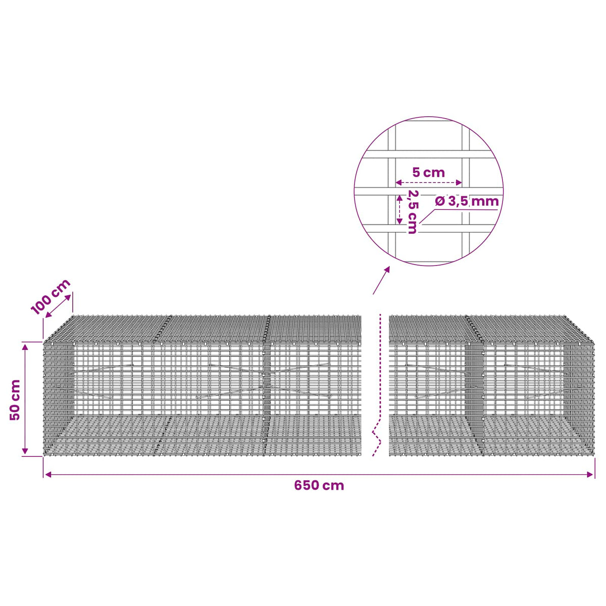 Gabion with 3.5 mm Wire and 5x2.5 cm Mesh 650x100x50 cm