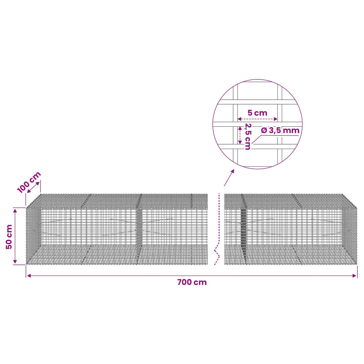 Gabion with 3.5 mm Wire and 5x2.5 cm Mesh 700x100x50 cm