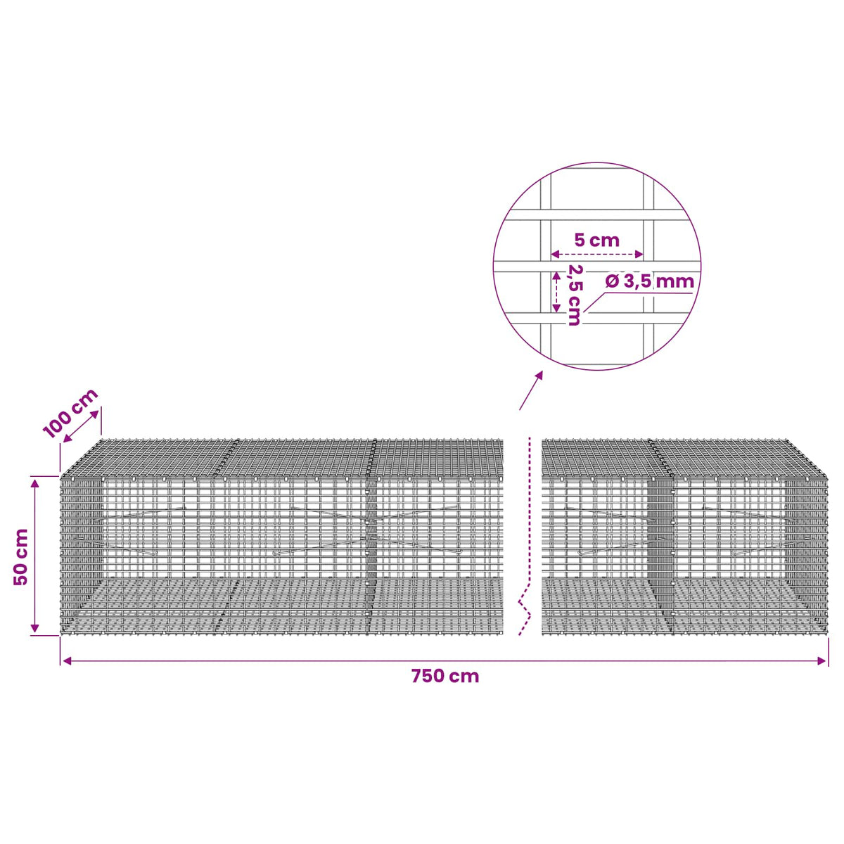 Gabion with 3.5 mm Wire and 5x2.5 cm Mesh 750x100x50 cm