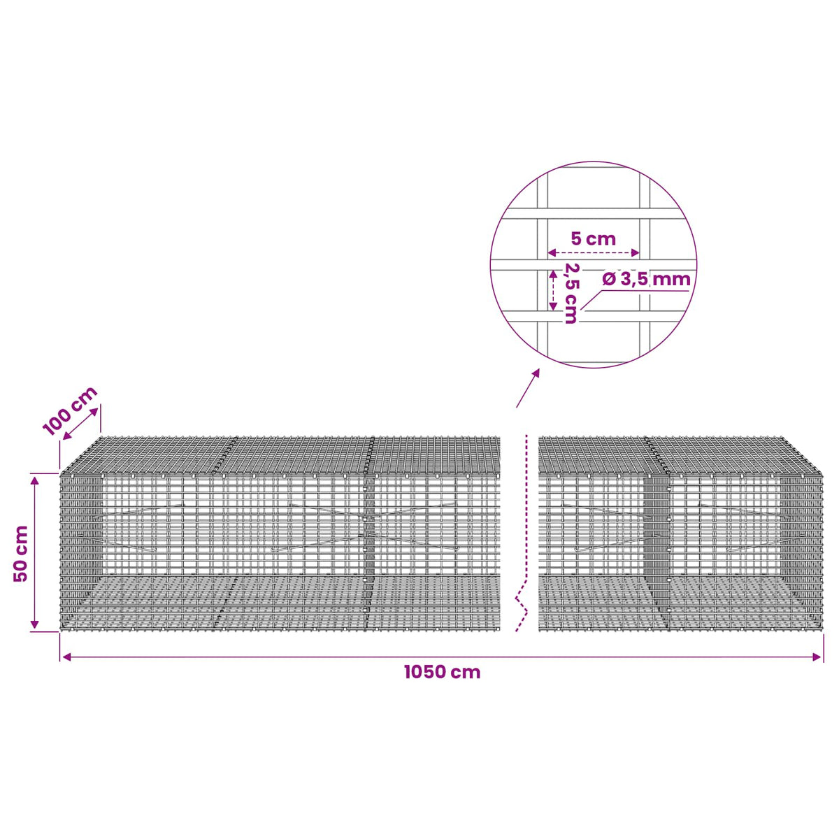 Gabion with 3.5 mm Wire and 5x2.5 cm Mesh 1050x100x50 cm