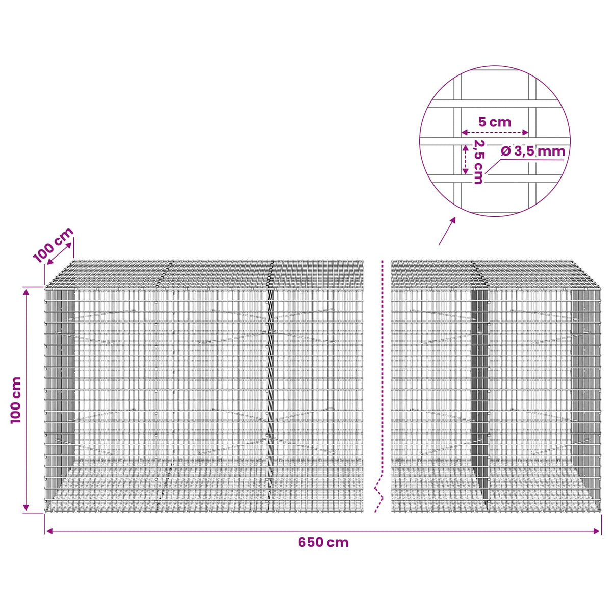 Gabion with 3.5 mm Wire and 5x2.5 cm Mesh 650x100x100 cm