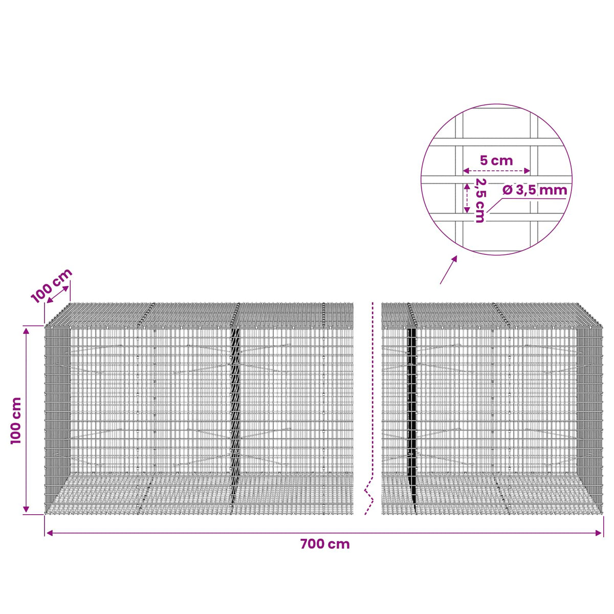 Gabion with 3.5 mm Wire and 5x2.5 cm Mesh 700x100x100 cm