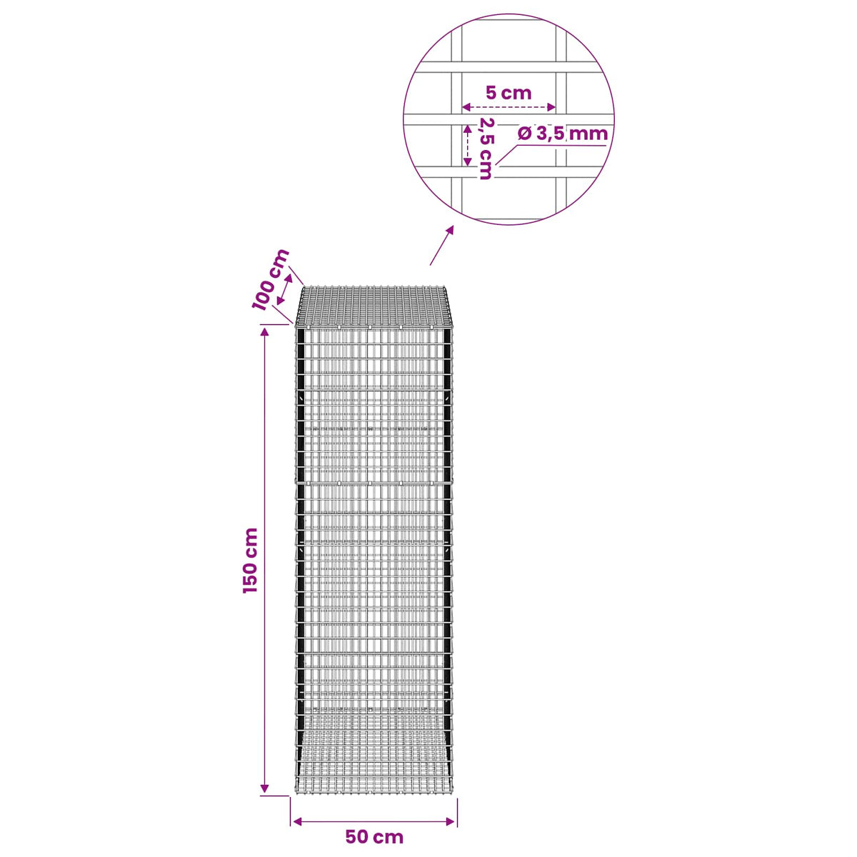 Gabion with 3.5 mm Wire and 5x2.5 cm Mesh 50x100x150 cm