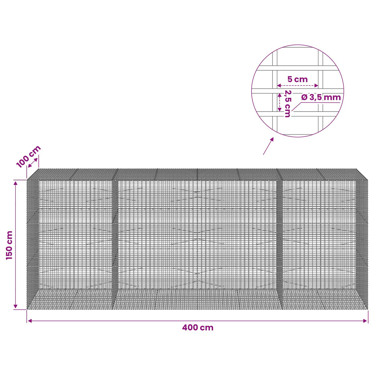 Gabion with 3.5 mm Wire and 5x2.5 cm Mesh 400x100x150 cm