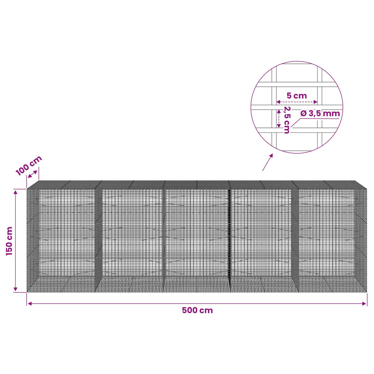 Gabion with 3.5 mm Wire and 5x2.5 cm Mesh 500x100x150 cm
