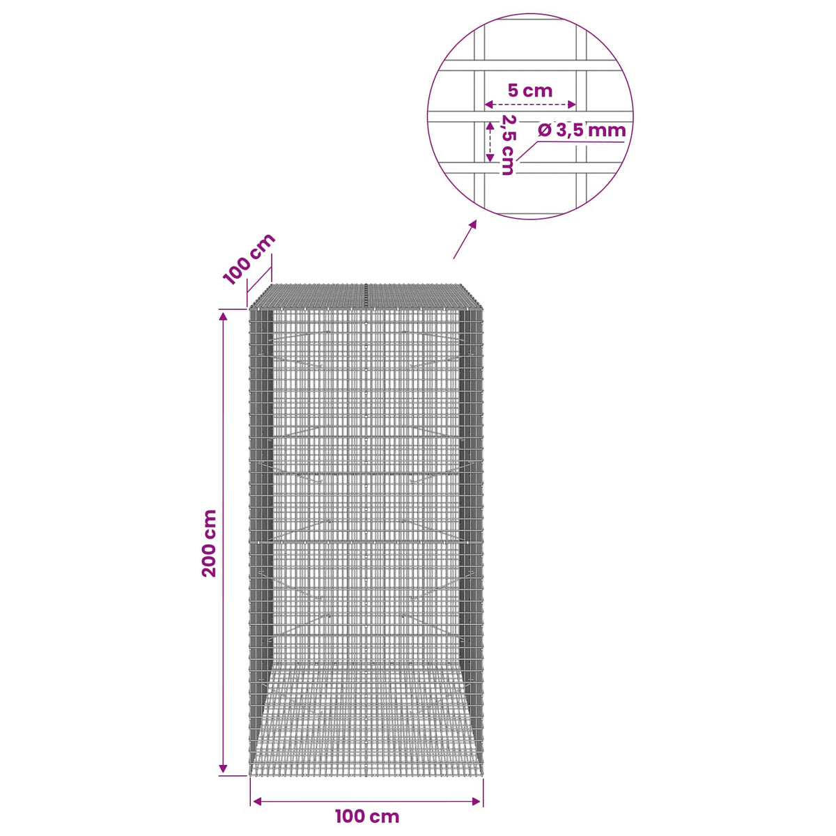 Gabion with 3.5 mm Wire and 5x2.5 cm Mesh 100x100x200 cm