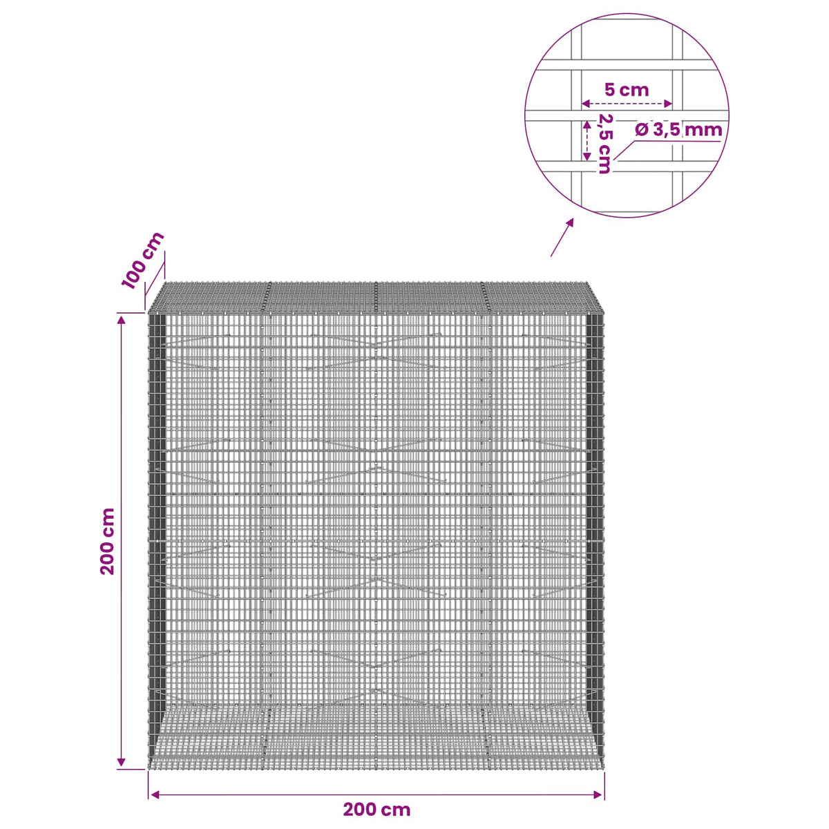 Gabion with 3.5 mm Wire and 5x2.5 cm Mesh 200x100x200 cm