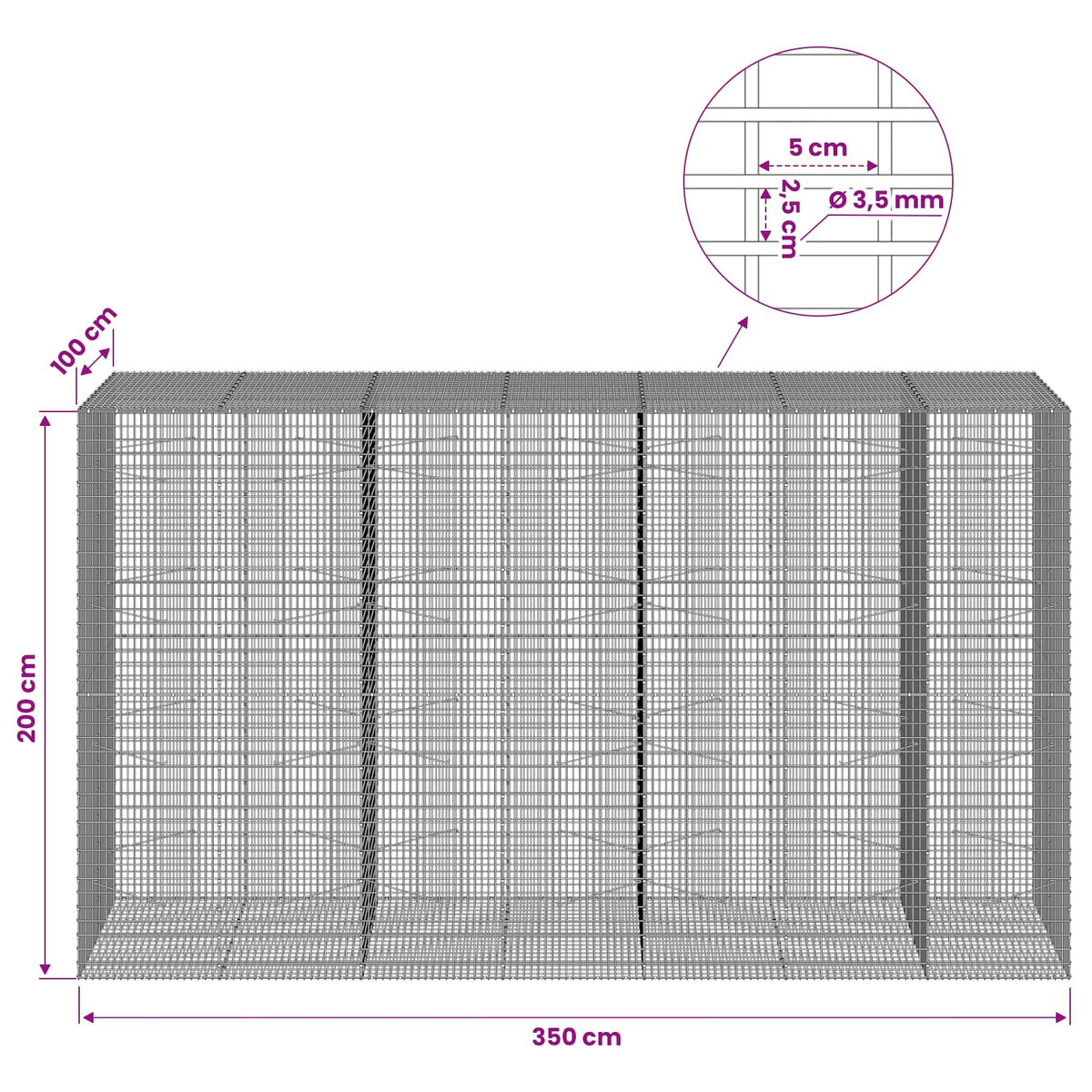 Gabion with 3.5 mm Wire and 5x2.5 cm Mesh 350x100x200 cm