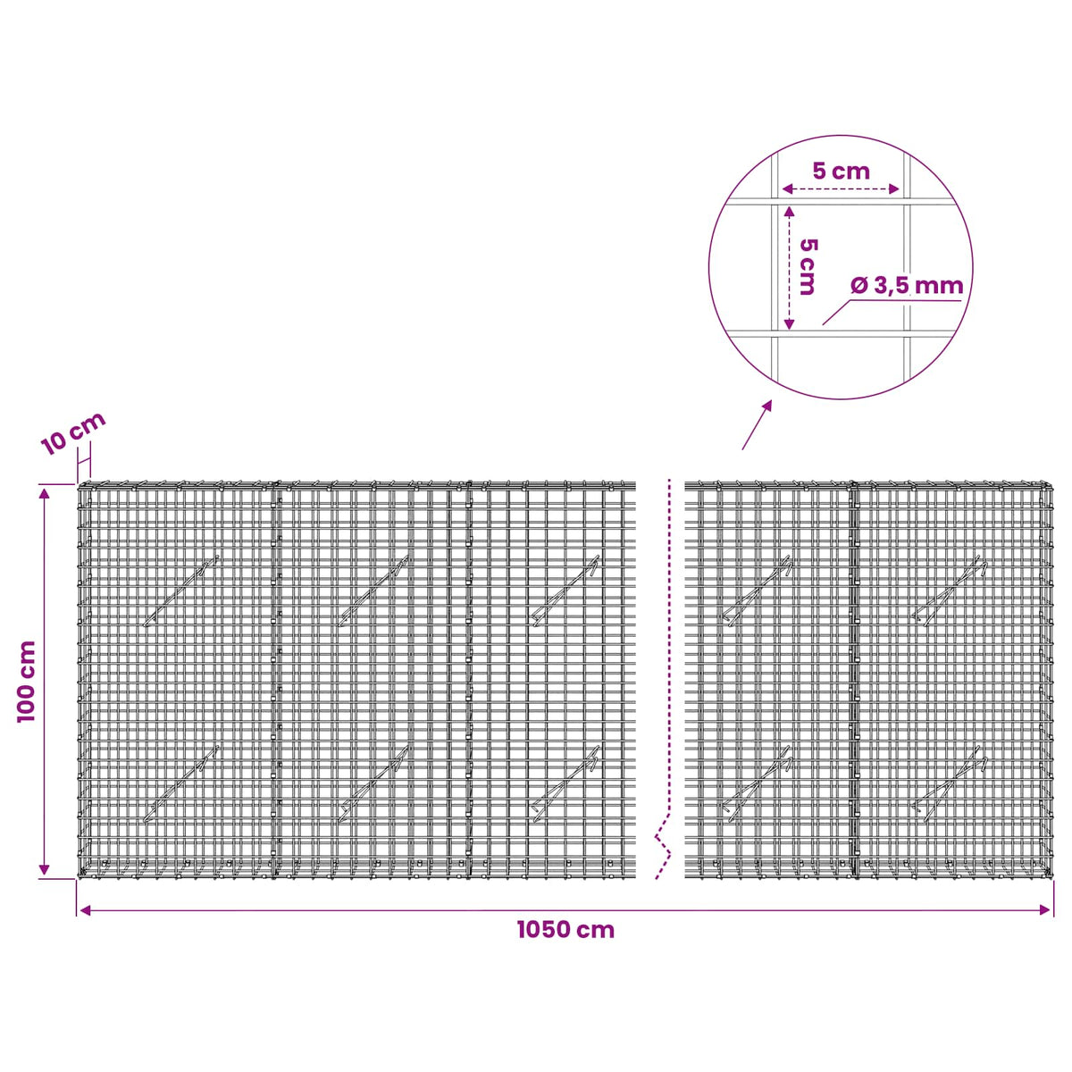 Gabion with 3.5 mm Wire and 5x5 cm Mesh 1050x10x100 cm