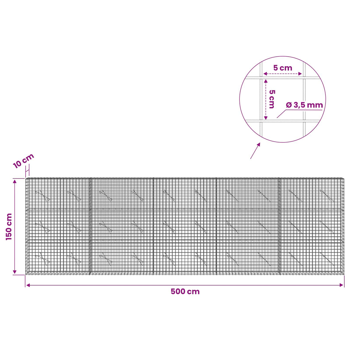 Gabion with 3.5 mm Wire and 5x5 cm Mesh 500x10x150 cm