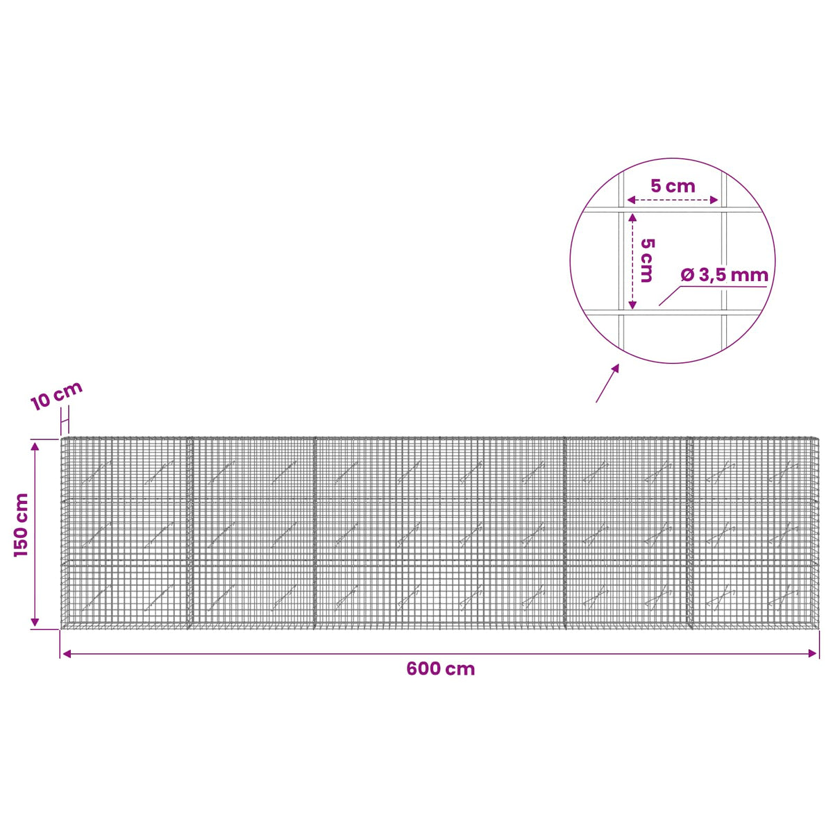 Gabion with 3.5 mm Wire and 5x5 cm Mesh 600x10x150 cm