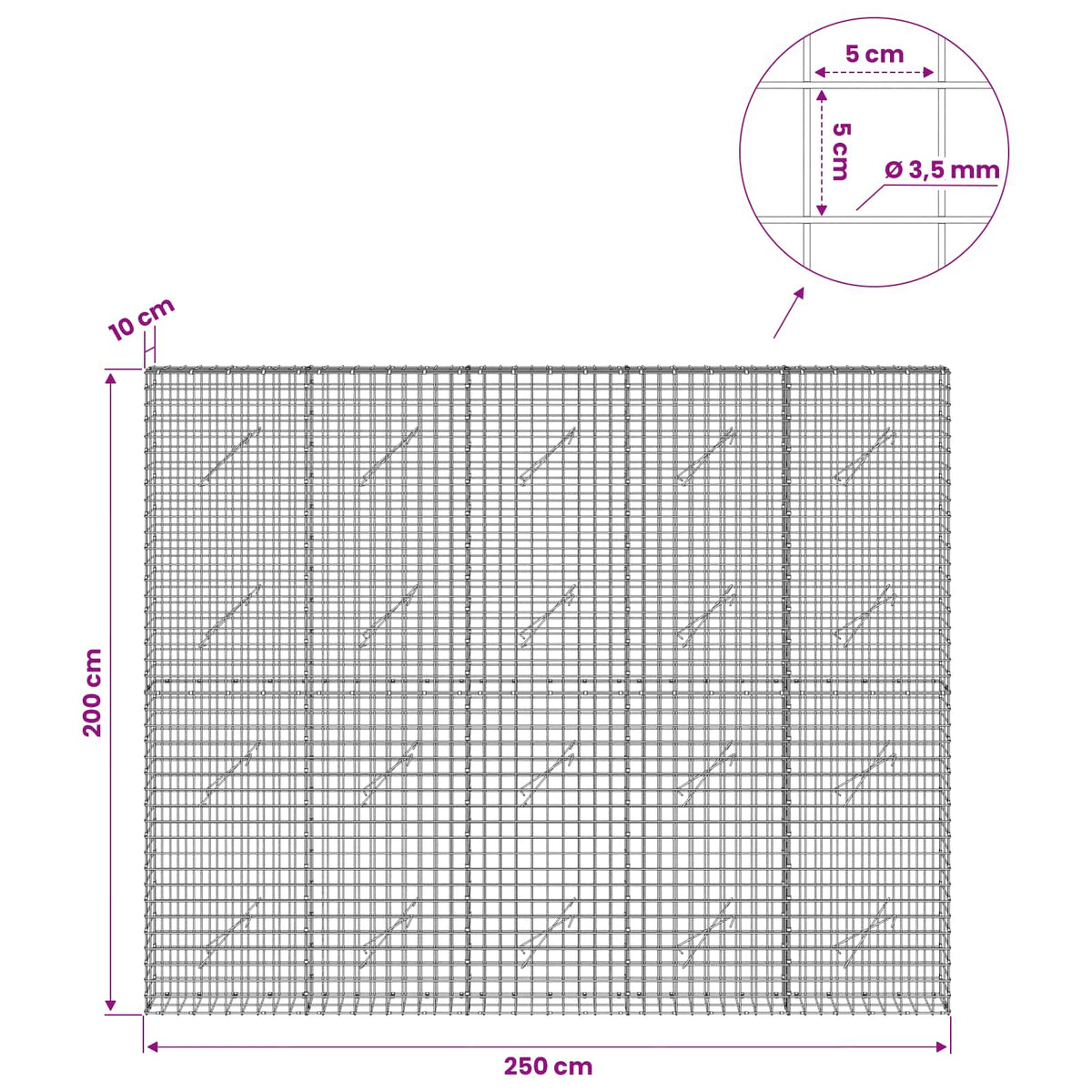 Gabion with 3.5 mm Wire and 5x5 cm Mesh 250x10x200 cm