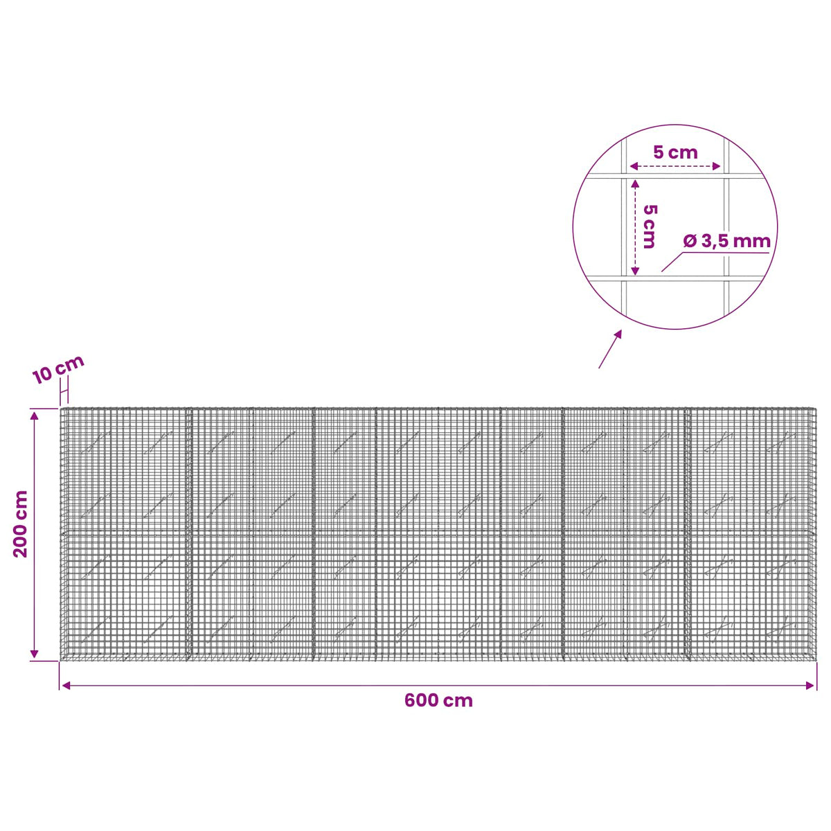 Gabion with 3.5 mm Wire and 5x5 cm Mesh 600x10x200 cm