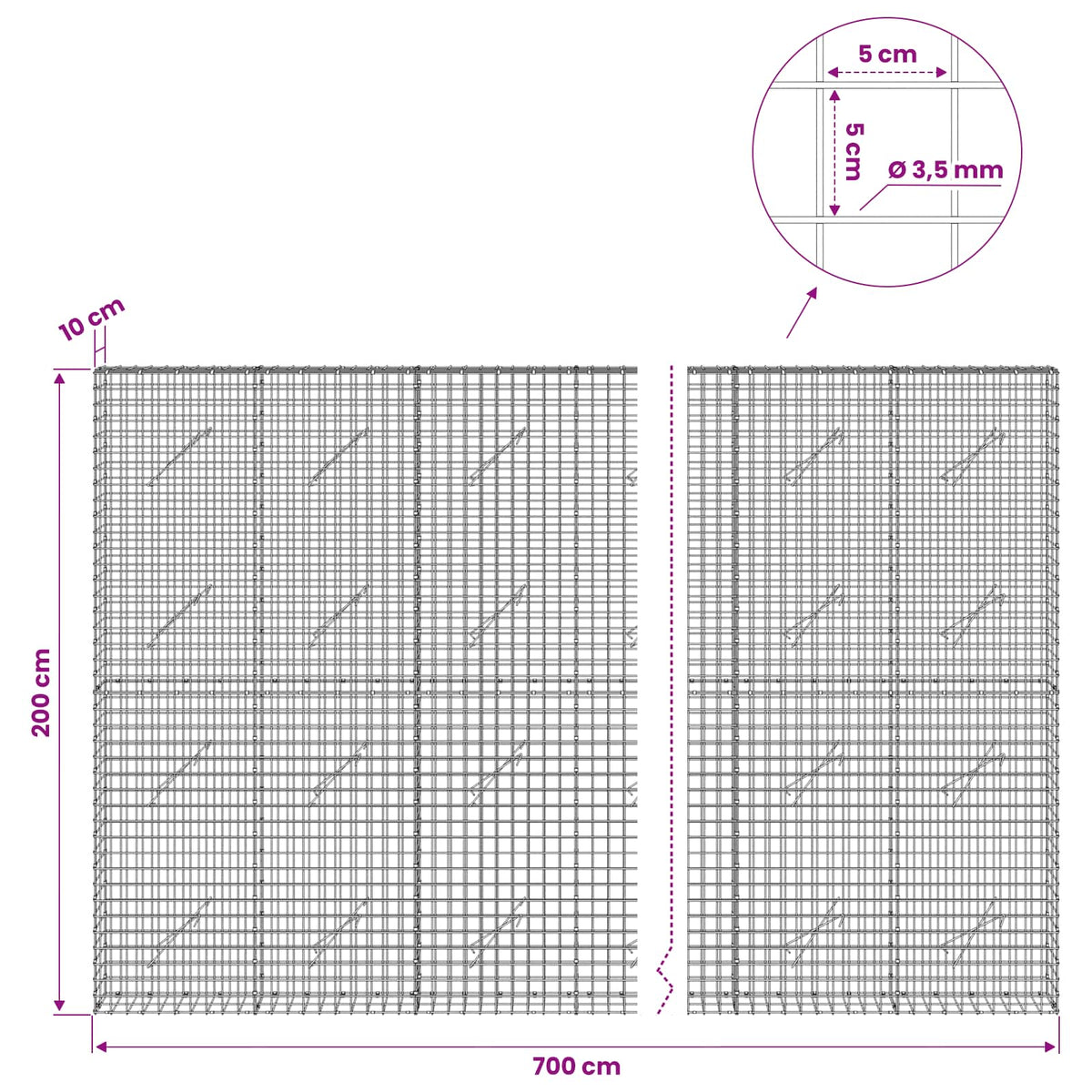 Gabion with 3.5 mm Wire and 5x5 cm Mesh 700x10x200 cm