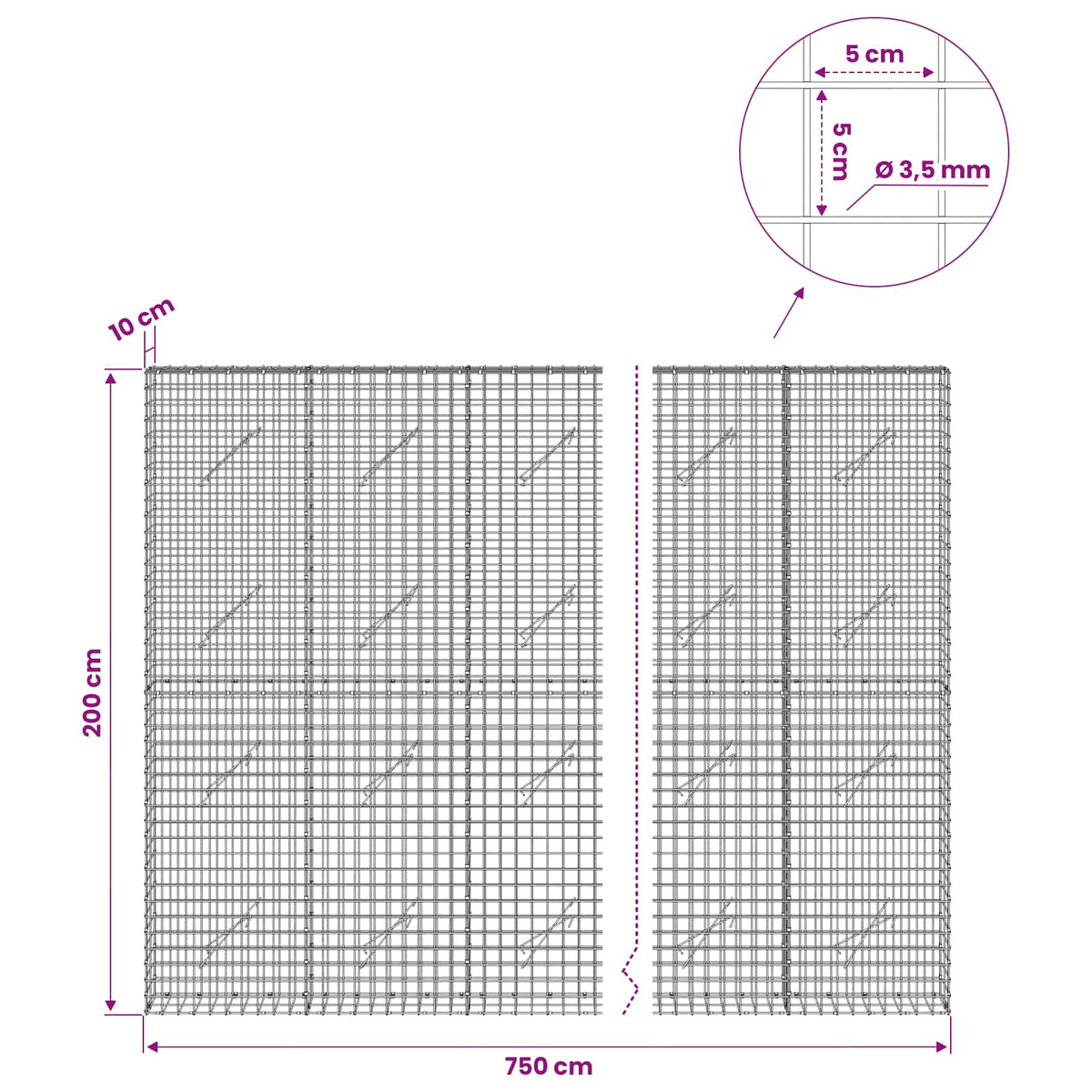Gabion with 3.5 mm Wire and 5x5 cm Mesh 750x10x200 cm