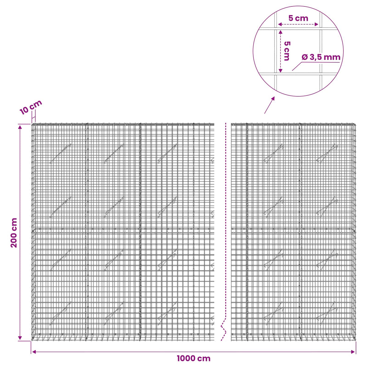 Gabion with 3.5 mm Wire and 5x5 cm Mesh 1000x10x200 cm