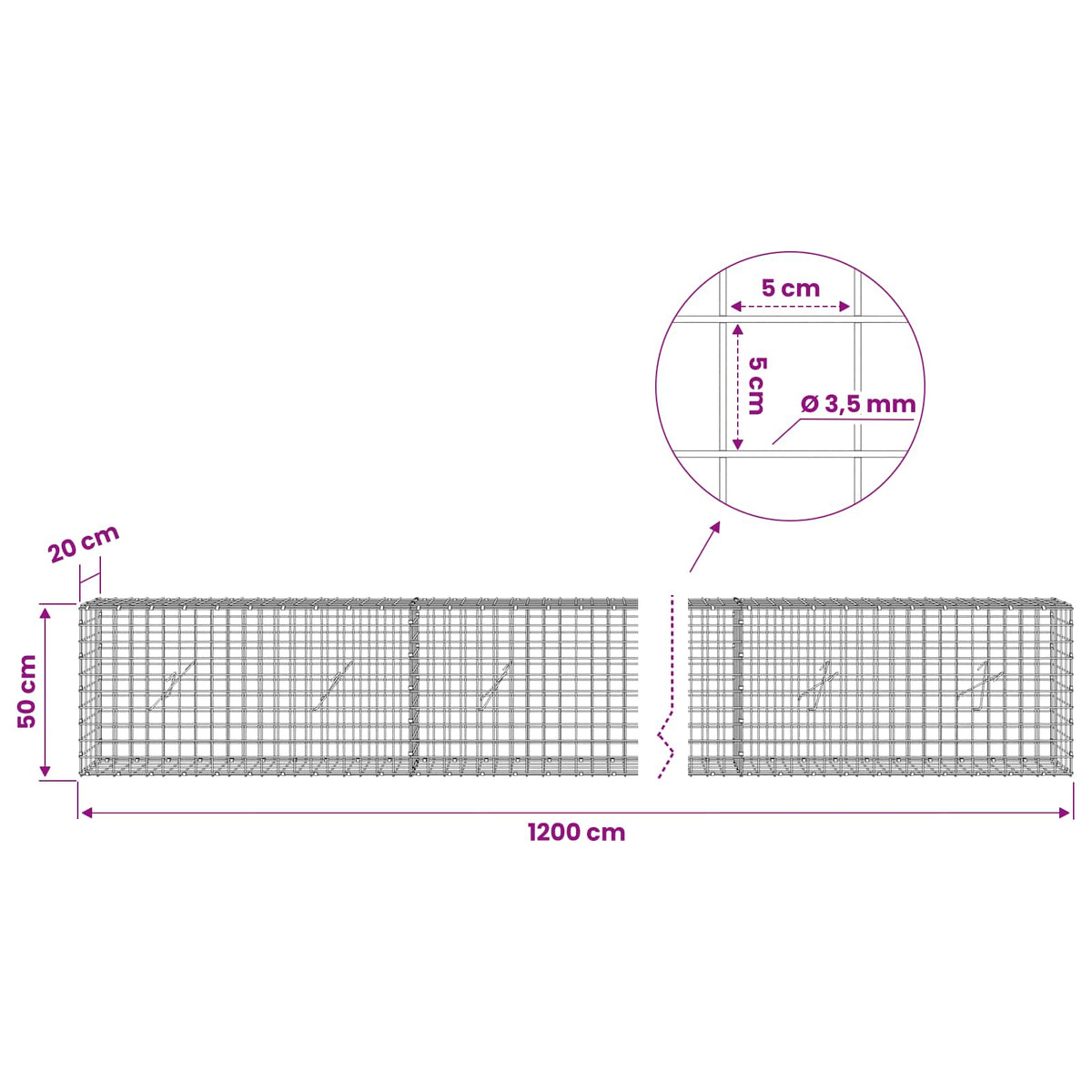 Gabion with 3.5 mm Wire and 5x5 cm Mesh 1200x20x50 cm