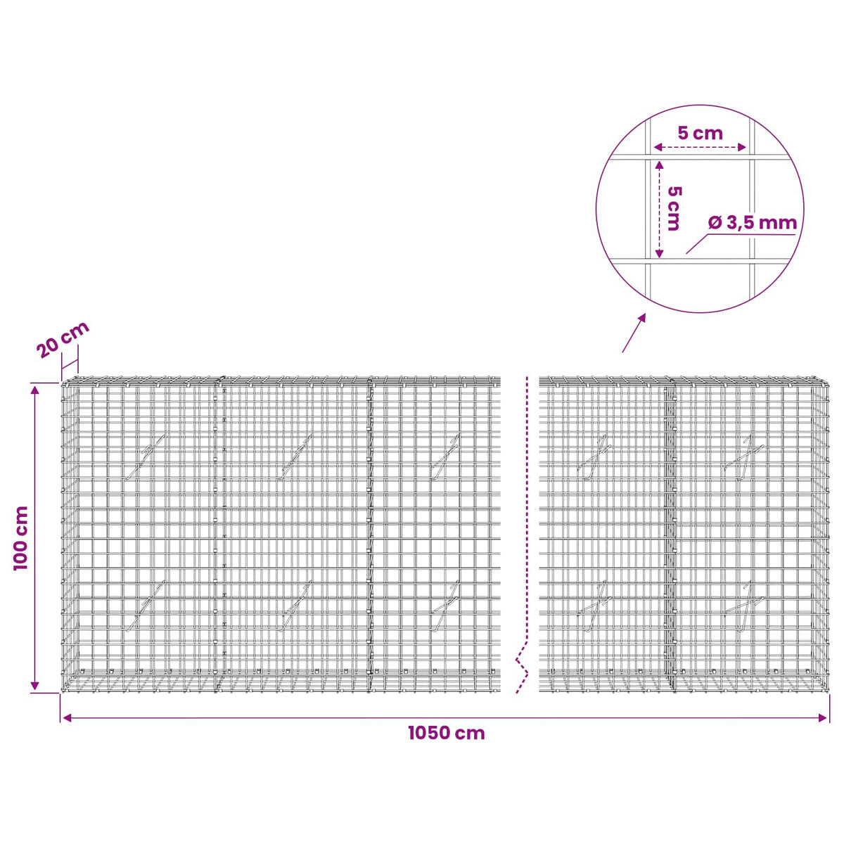 Gabion with 3.5 mm Wire and 5x5 cm Mesh 1050x20x100 cm