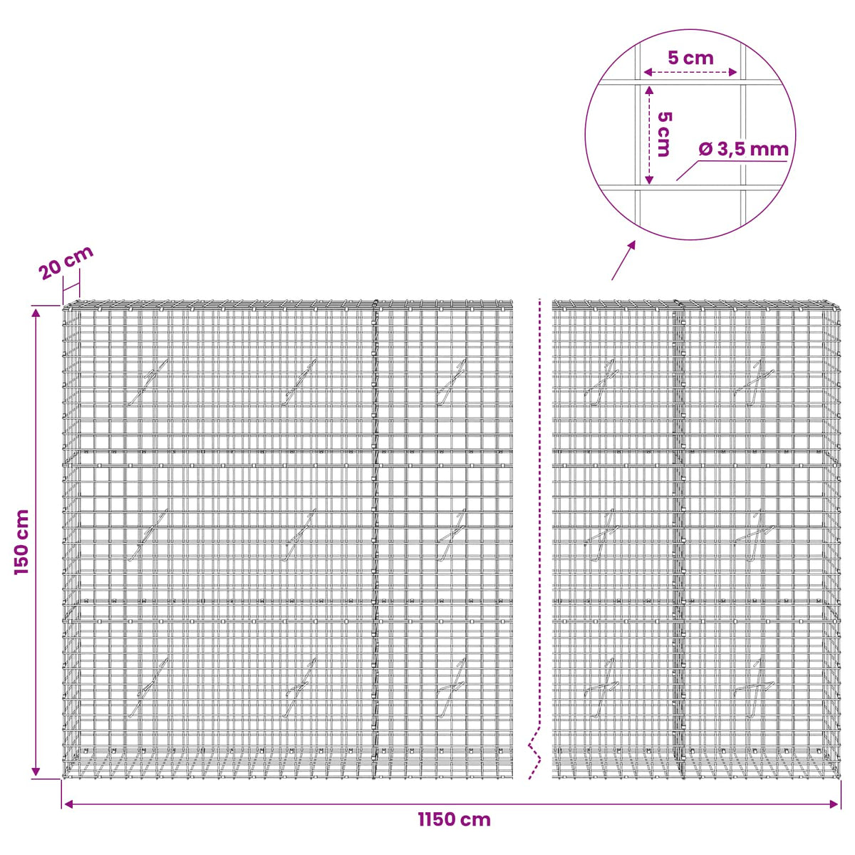 Gabion with 3.5 mm Wire and 5x5 cm Mesh 1150x20x150 cm