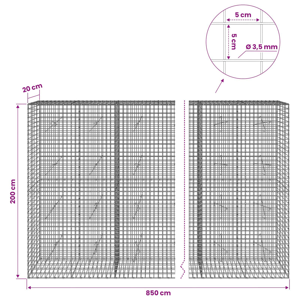 Gabion with 3.5 mm Wire and 5x5 cm Mesh 850x20x200 cm