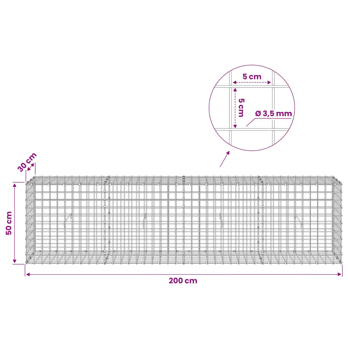 Gabion with 3.5 mm Wire and 5x5 cm Mesh 200x30x50 cm