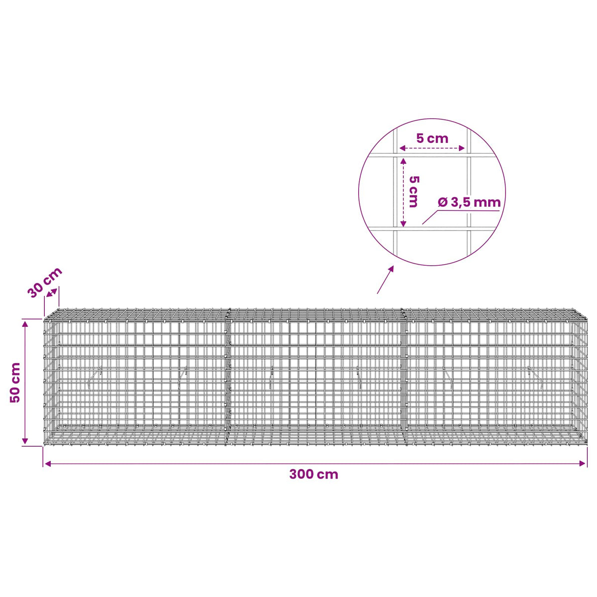 Gabion with 3.5 mm Wire and 5x5 cm Mesh 300x30x50 cm