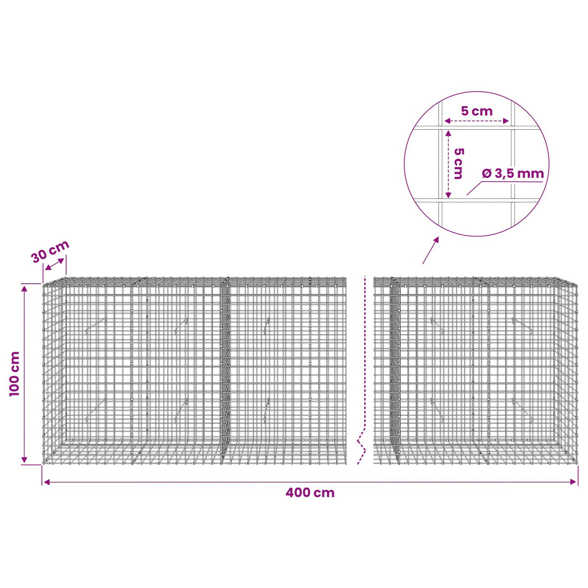 Gabion with 3.5 mm Wire and 5x5 cm Mesh 400x30x100 cm