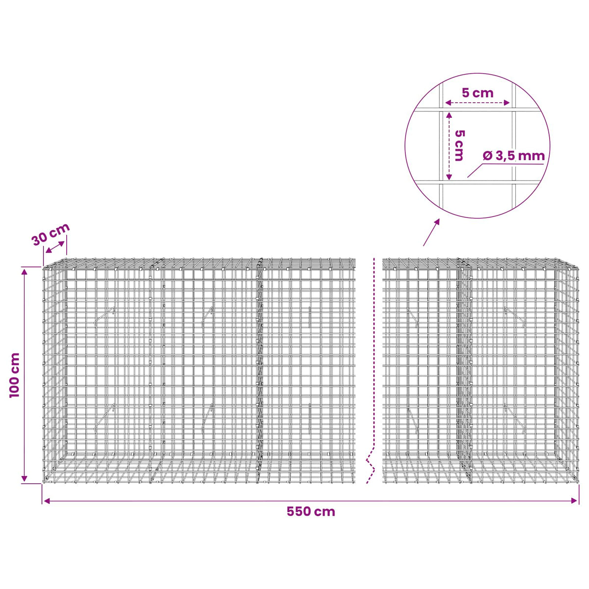Gabion with 3.5 mm Wire and 5x5 cm Mesh 550x30x100 cm