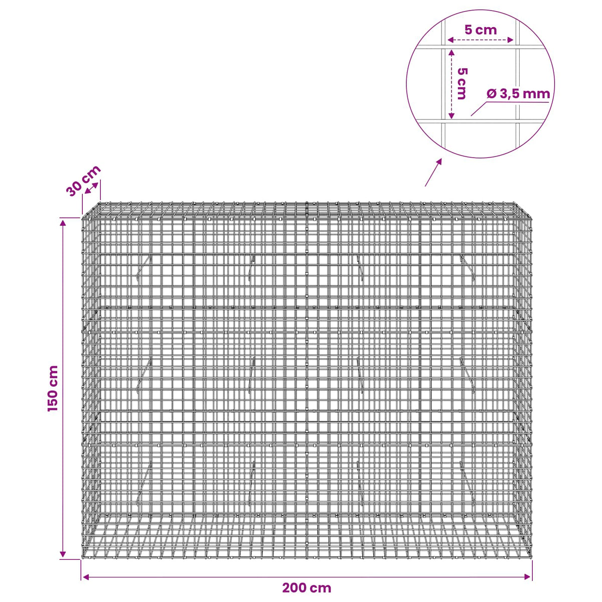 Gabion with 3.5 mm Wire and 5x5 cm Mesh 200x30x150 cm