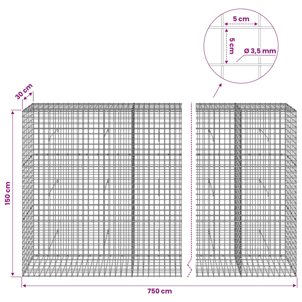 Gabion with 3.5 mm Wire and 5x5 cm Mesh 750x30x150 cm