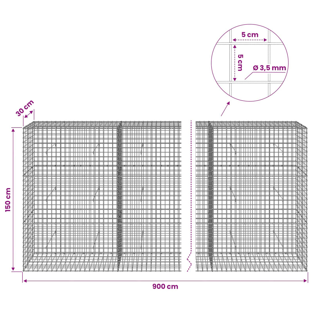 Gabion with 3.5 mm Wire and 5x5 cm Mesh 900x30x150 cm