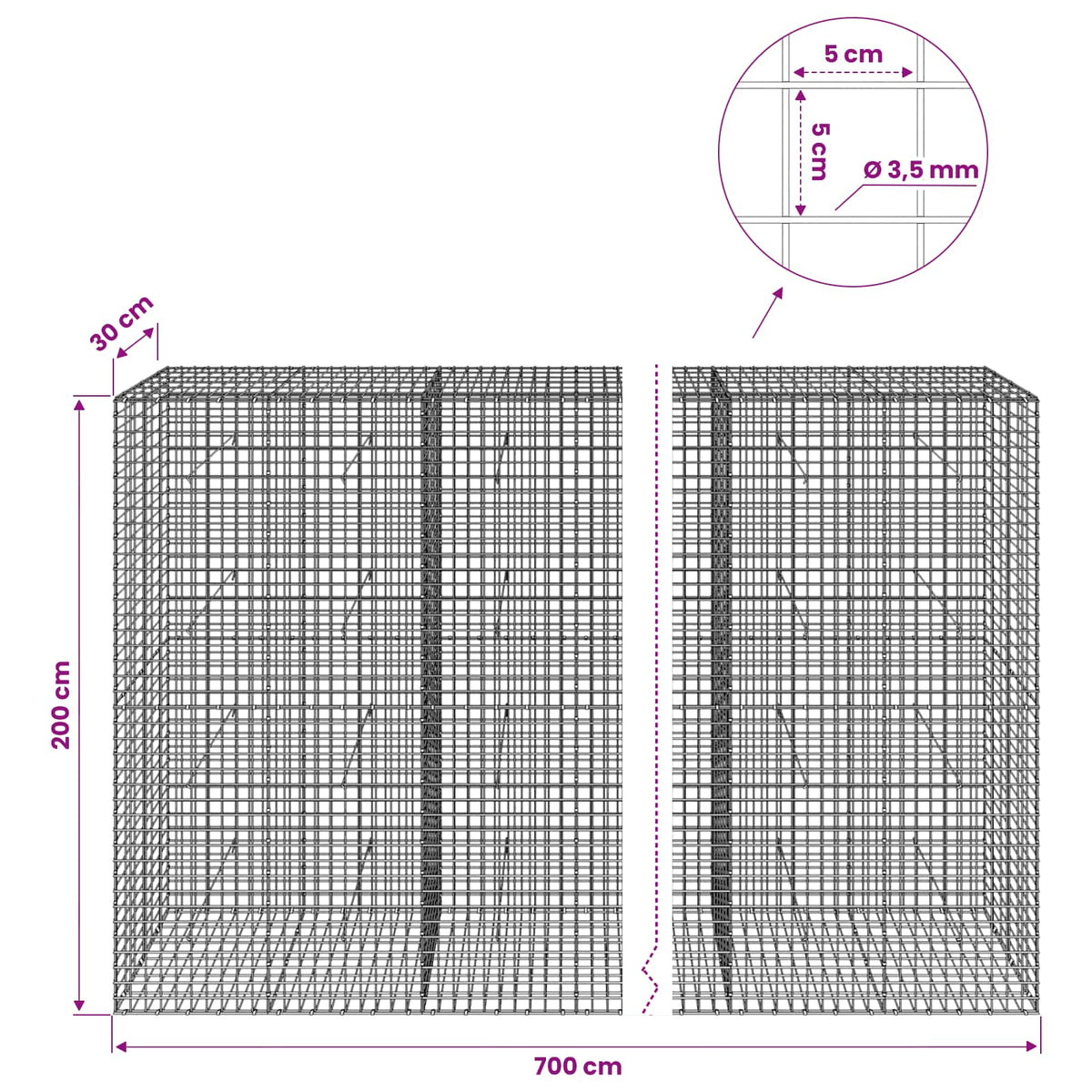 Gabion with 3.5 mm Wire and 5x5 cm Mesh 700x30x200 cm