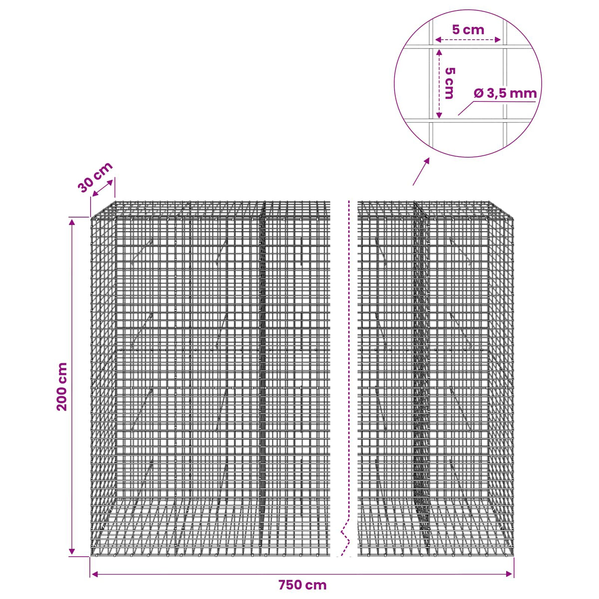 Gabion with 3.5 mm Wire and 5x5 cm Mesh 750x30x200 cm