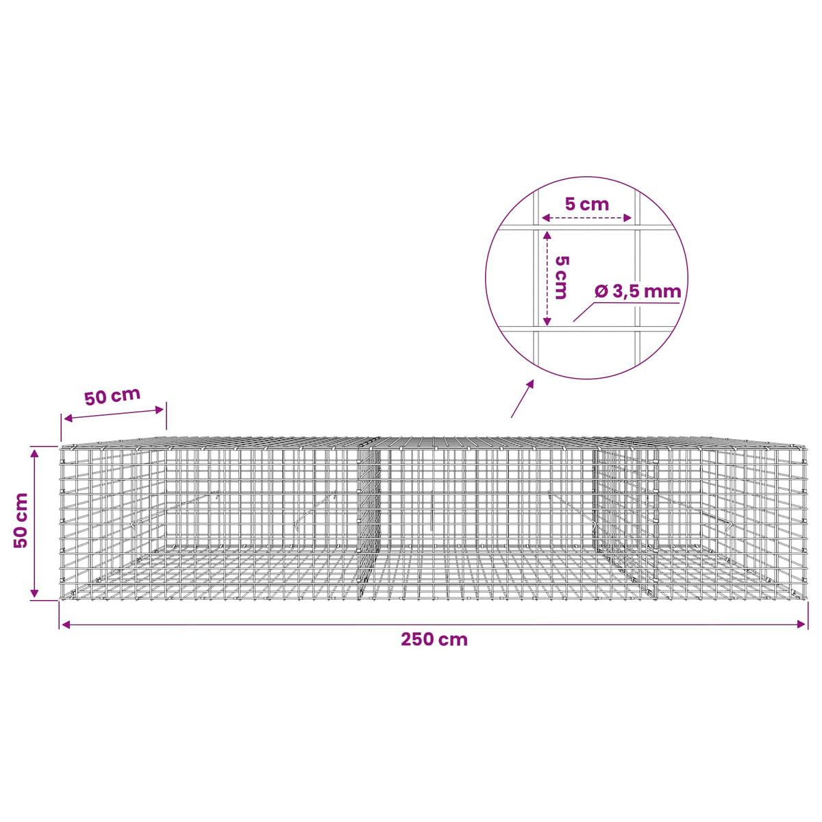 Gabion with 3.5 mm Wire and 5x5 cm Mesh 250x50x50 cm