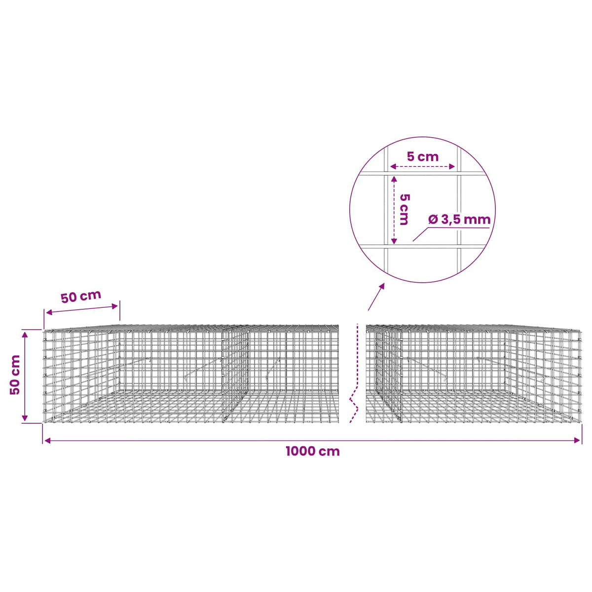 Gabion with 3.5 mm Wire and 5x5 cm Mesh 1000x50x50 cm