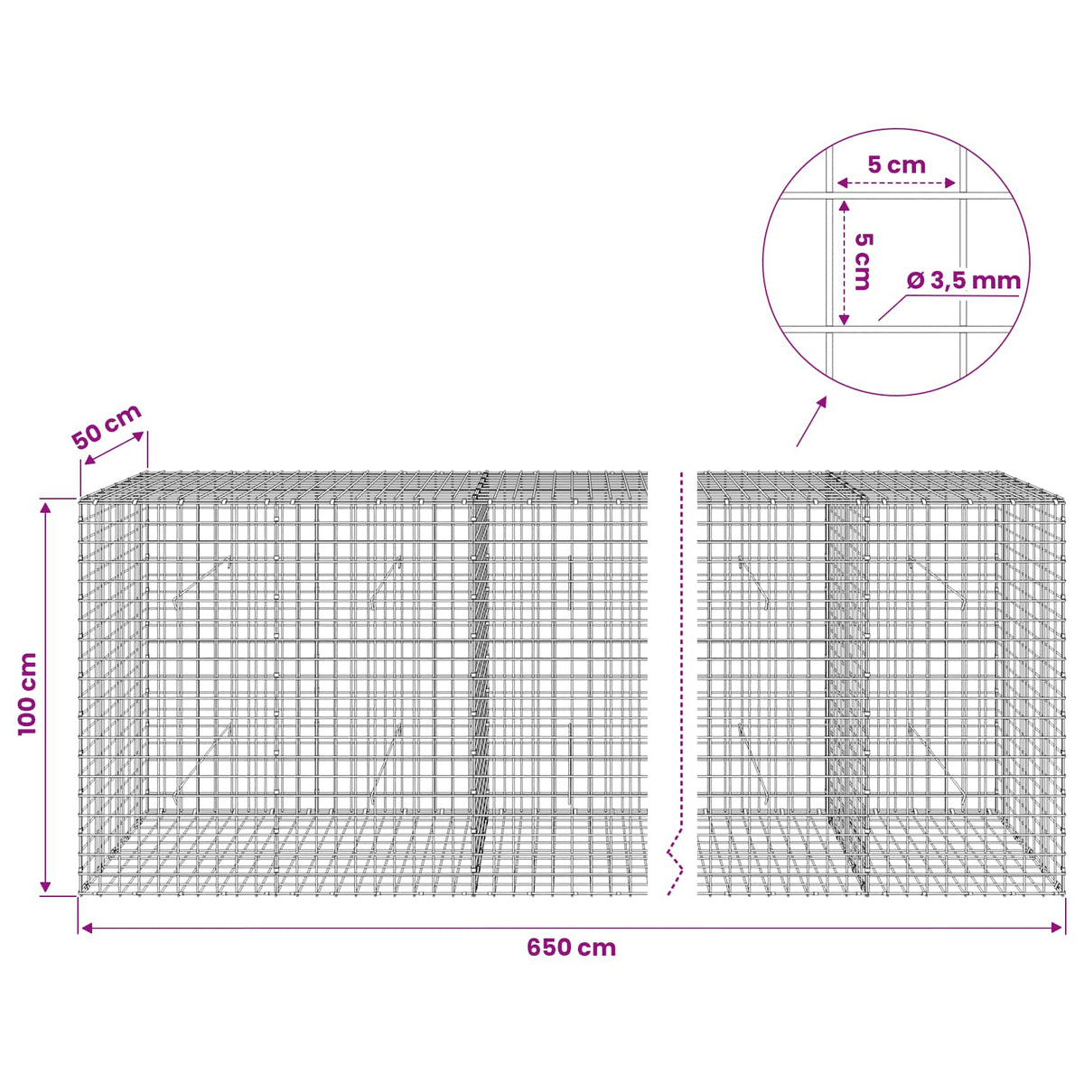 Gabion with 3.5 mm Wire and 5x5 cm Mesh 650x50x100 cm
