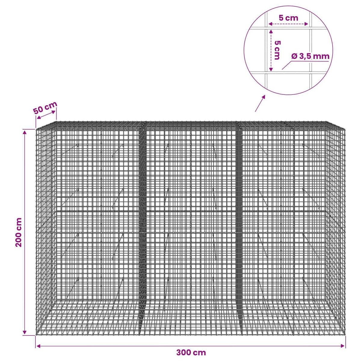 Gabion with 3.5 mm Wire and 5x5 cm Mesh 300x50x200 cm