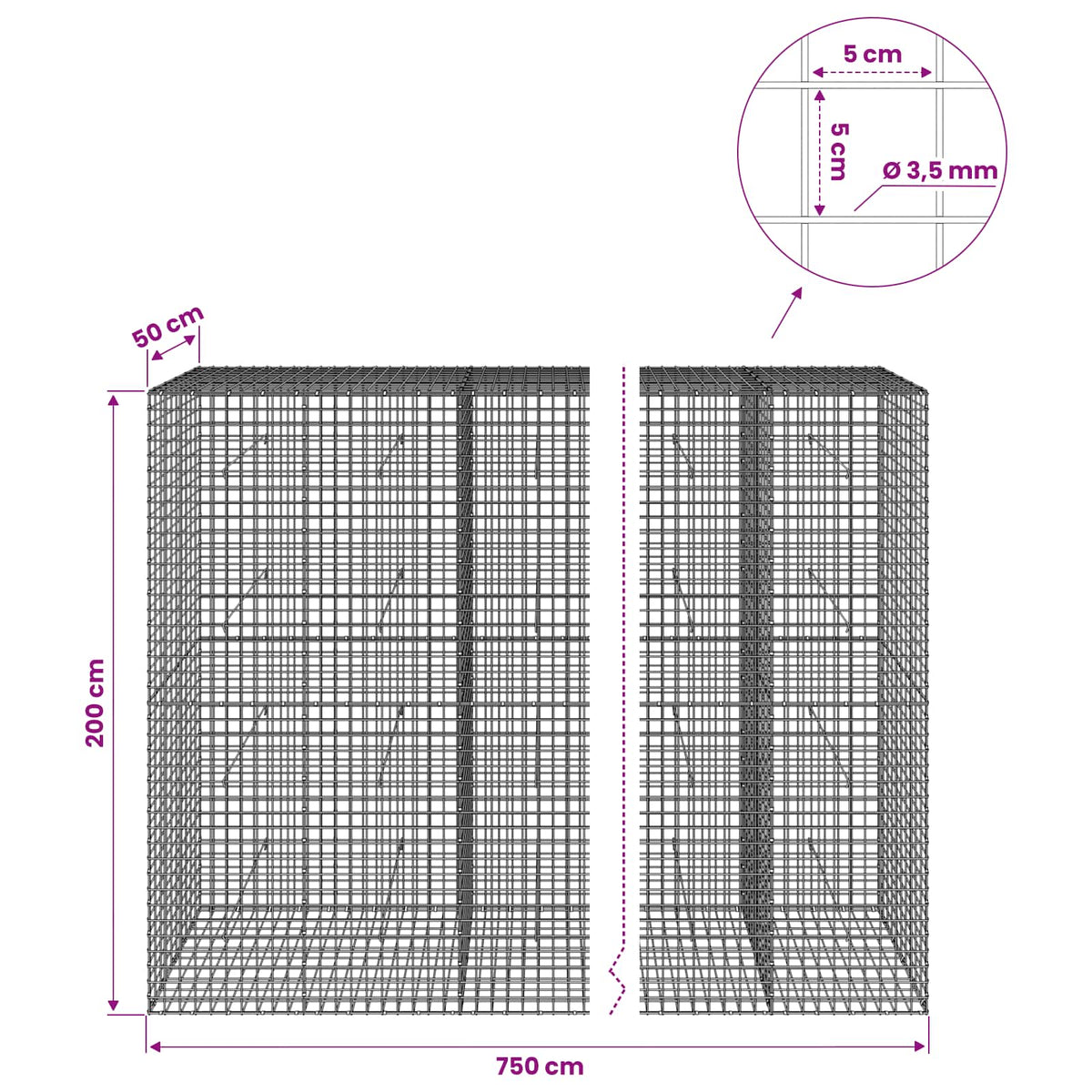 Gabion with 3.5 mm Wire and 5x5 cm Mesh 750x50x200 cm